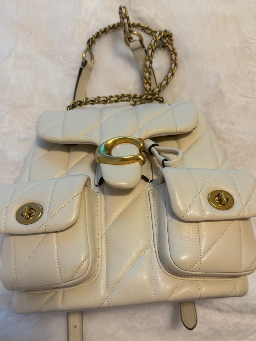 Coach Cream Quilted Leather Backpack with Gold Chain Strap